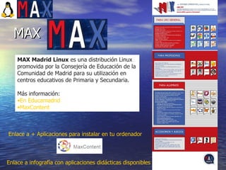 27
MAX Madrid Linux es una distribución Linux
promovida por la Consejería de Educación de la
Comunidad de Madrid para su utilización en
centros educativos de Primaria y Secundaria.
Más información:
•En Educamadrid
•MaxContent
Enlace a infografía con aplicaciones didácticas disponibles en MAX
MAXMAX
Max
Enlace a + Aplicaciones para instalar en tu ordenador
 
