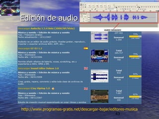 43
Edición de audioEdición de audio
http://www.programas-gratis.net/descargar-bajar/editores-musica
 