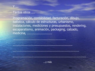 48
...y más
Y ...
Tantos otros ....
Programación, contabilidad, facturación, dibujo,
balística, cálculo de estructuras, urbanismo,
instalaciones, mediciones y presupuestos, rendering,
escaparatismo, animación, packaging, calzado,
medicina, ..........................
.......................................................
..............................................................
.....................................................................
............................................................................
 