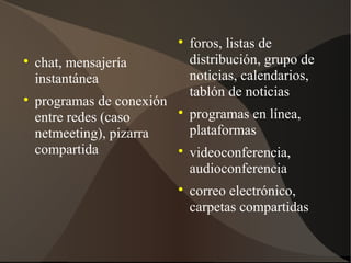 
chat, mensajería
instantánea

programas de conexión
entre redes (caso
netmeeting), pizarra
compartida

foros, listas de
distribución, grupo de
noticias, calendarios,
tablón de noticias

programas en línea,
plataformas

videoconferencia,
audioconferencia

correo electrónico,
carpetas compartidas
 