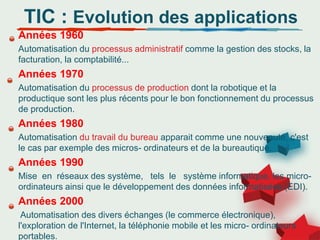 Années 1960
Automatisation du processus administratif comme la gestion des stocks, la
facturation, la comptabilité...
Années 1970
Automatisation du processus de production dont la robotique et la
productique sont les plus récents pour le bon fonctionnement du processus
de production.
Années 1980
Automatisation du travail du bureau apparait comme une nouveauté, c'est
le cas par exemple des micros- ordinateurs et de la bureautique.
Années 1990
Mise en réseaux des système, tels le système informatique, les micro-
ordinateurs ainsi que le développement des données informatisées (EDI).
Années 2000
Automatisation des divers échanges (le commerce électronique),
l'exploration de l'Internet, la téléphonie mobile et les micro- ordinateurs
portables.
TIC : Evolution des applications
 