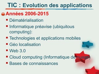 Années 2006-2015
 Dématérialisation
 Informatique préavise (ubiquitous
computing):
 Technologies et applications mobiles
 Géo localisation
 Web 3.0
 Cloud computing (Informatique de nuage)
 Bases de connaissances
TIC : Evolution des applications
 