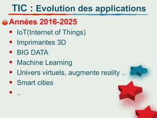 Années 2016-2025
 IoT(Internet of Things)
 Imprimantes 3D
 BIG DATA
 Machine Learning
 Univers virtuels, augmente reality ..
 Smart cities
 ..
TIC : Evolution des applications
 