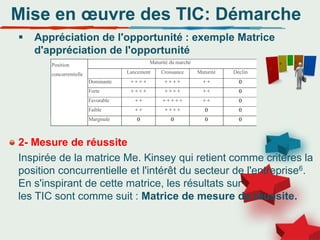 Mise en œuvre des TIC: Démarche
 Appréciation de l'opportunité : exemple Matrice
d'appréciation de l'opportunité
2- Mesure de réussite
Inspirée de la matrice Me. Kinsey qui retient comme critères la
position concurrentielle et l'intérêt du secteur de l'entreprise6.
En s'inspirant de cette matrice, les résultats sur
les TIC sont comme suit : Matrice de mesure de réussite.
Position
concurrentielle
Maturité du marché
Lancement Croissance Maturité Déclin
Dominante + + + + + + + + + + 0
Forte + + + + + + + + + + 0
Favorable + + + + + + + + + 0
Faible + + + + + + 0 0
Marginale 0 0 0 0
 