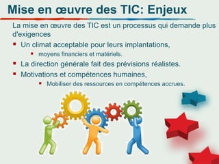 Mise en œuvre des TIC: Enjeux
La mise en œuvre des TIC est un processus qui demande plus
d'exigences
 Un climat acceptable pour leurs implantations,
 moyens financiers et matériels.
 La direction générale fait des prévisions réalistes.
 Motivations et compétences humaines,
 Mobiliser des ressources en compétences accrues.
 
