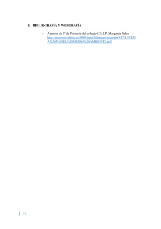 10
8. BIBLIOGRAFÍA Y WEBGRAFÍA
- Apuntes de 5º de Primaria del colegio C.E.I.P. Margarita Salas
http://recursos.crfptic.es:9080/jspui/bitstream/recursos/677/11/TEM
A%203%20EL%20MEDIO%20AMBIENTE.pdf
 