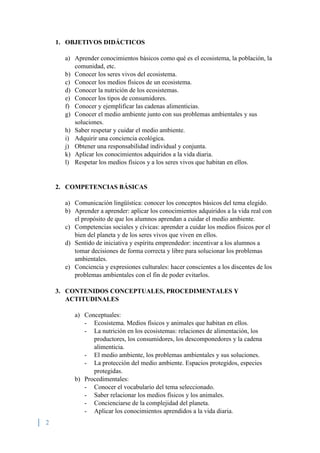 2
1. OBJETIVOS DIDÁCTICOS
a) Aprender conocimientos básicos como qué es el ecosistema, la población, la
comunidad, etc.
b) Conocer los seres vivos del ecosistema.
c) Conocer los medios físicos de un ecosistema.
d) Conocer la nutrición de los ecosistemas.
e) Conocer los tipos de consumidores.
f) Conocer y ejemplificar las cadenas alimenticias.
g) Conocer el medio ambiente junto con sus problemas ambientales y sus
soluciones.
h) Saber respetar y cuidar el medio ambiente.
i) Adquirir una conciencia ecológica.
j) Obtener una responsabilidad individual y conjunta.
k) Aplicar los conocimientos adquiridos a la vida diaria.
l) Respetar los medios físicos y a los seres vivos que habitan en ellos.
2. COMPETENCIAS BÁSICAS
a) Comunicación lingüística: conocer los conceptos básicos del tema elegido.
b) Aprender a aprender: aplicar los conocimientos adquiridos a la vida real con
el propósito de que los alumnos aprendan a cuidar el medio ambiente.
c) Competencias sociales y cívicas: aprender a cuidar los medios físicos por el
bien del planeta y de los seres vivos que viven en ellos.
d) Sentido de iniciativa y espíritu emprendedor: incentivar a los alumnos a
tomar decisiones de forma correcta y libre para solucionar los problemas
ambientales.
e) Conciencia y expresiones culturales: hacer conscientes a los discentes de los
problemas ambientales con el fin de poder evitarlos.
3. CONTENIDOS CONCEPTUALES, PROCEDIMENTALES Y
ACTITUDINALES
a) Conceptuales:
- Ecosistema. Medios físicos y animales que habitan en ellos.
- La nutrición en los ecosistemas: relaciones de alimentación, los
productores, los consumidores, los descomponedores y la cadena
alimenticia.
- El medio ambiente, los problemas ambientales y sus soluciones.
- La protección del medio ambiente. Espacios protegidos, especies
protegidas.
b) Procedimentales:
- Conocer el vocabulario del tema seleccionado.
- Saber relacionar los medios físicos y los animales.
- Concienciarse de la complejidad del planeta.
- Aplicar los conocimientos aprendidos a la vida diaria.
 