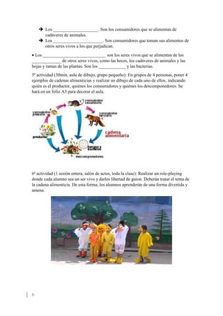 6
 Los ____________________. Son los consumidores que se alimentan de
cadáveres de animales.
 Los ______________________. Son consumidores que toman sus alimentos de
otros seres vivos a los que perjudican.
 Los ____________________________ son los seres vivos que se alimentan de los
_____________ de otros seres vivos, como las heces, los cadáveres de animales y las
hojas y ramas de las plantas. Son los ____________ y las bacterias.
5ª actividad (30min, aula de dibujo, grupo pequeño): En grupos de 4 personas, poner 4
ejemplos de cadenas alimenticias y realizar un dibujo de cada uno de ellos, indicando
quién es el productor, quiénes los consumidores y quiénes los descomponedores. Se
hará en un folio A3 para decorar el aula.
6ª actividad (1 sesión entera, salón de actos, toda la clase): Realizar un role-playing
donde cada alumno sea un ser vivo y darles libertad de guion. Deberán tratar el tema de
la cadena alimenticia. De esta forma, los alumnos aprenderán de una forma divertida y
amena.
 