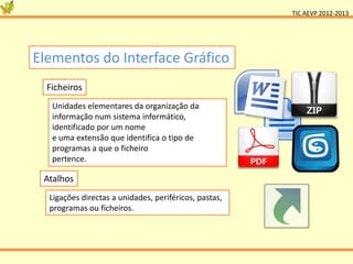 TIC AEVP 2012-2013




Elementos do Interface Gráfico
  Ficheiros
   Unidades elementares da organização da
   informação num sistema informático,
   identificado por um nome
   e uma extensão que identifica o tipo de
   programas a que o ficheiro
   pertence.

 Atalhos
  Ligações directas a unidades, periféricos, pastas,
  programas ou ficheiros.
 