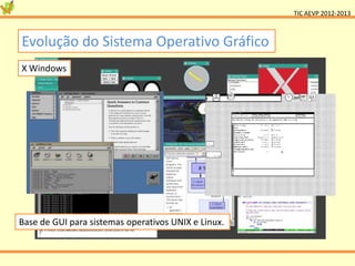 TIC AEVP 2012-2013



Evolução do Sistema Operativo Gráfico
X Windows




Base de GUI para sistemas operativos UNIX e Linux.
 