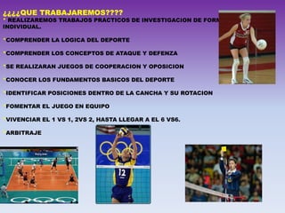 ¿¿¿¿QUE TRABAJAREMOS????
* REALIZAREMOS TRABAJOS PRACTICOS DE INVESTIGACION DE FORMA GRUPAL E
INDIVIDUAL.
*COMPRENDER LA LOGICA DEL DEPORTE
*COMPRENDER LOS CONCEPTOS DE ATAQUE Y DEFENZA
*SE REALIZARAN JUEGOS DE COOPERACION Y OPOSICION
*CONOCER LOS FUNDAMENTOS BASICOS DEL DEPORTE
*IDENTIFICAR POSICIONES DENTRO DE LA CANCHA Y SU ROTACION
*FOMENTAR EL JUEGO EN EQUIPO
*VIVENCIAR EL 1 VS 1, 2VS 2, HASTA LLEGAR A EL 6 VS6.
*ARBITRAJE
 