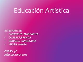 Educación Artística
INTEGRANTES:
• CANAVIDES, MARGARITA
• CALISAYA,BRENDA
• DORADO, CANDELARIA
• YUGRA, NAYRA
CURSO: 3C
AÑO LECTIVO: 2016
 