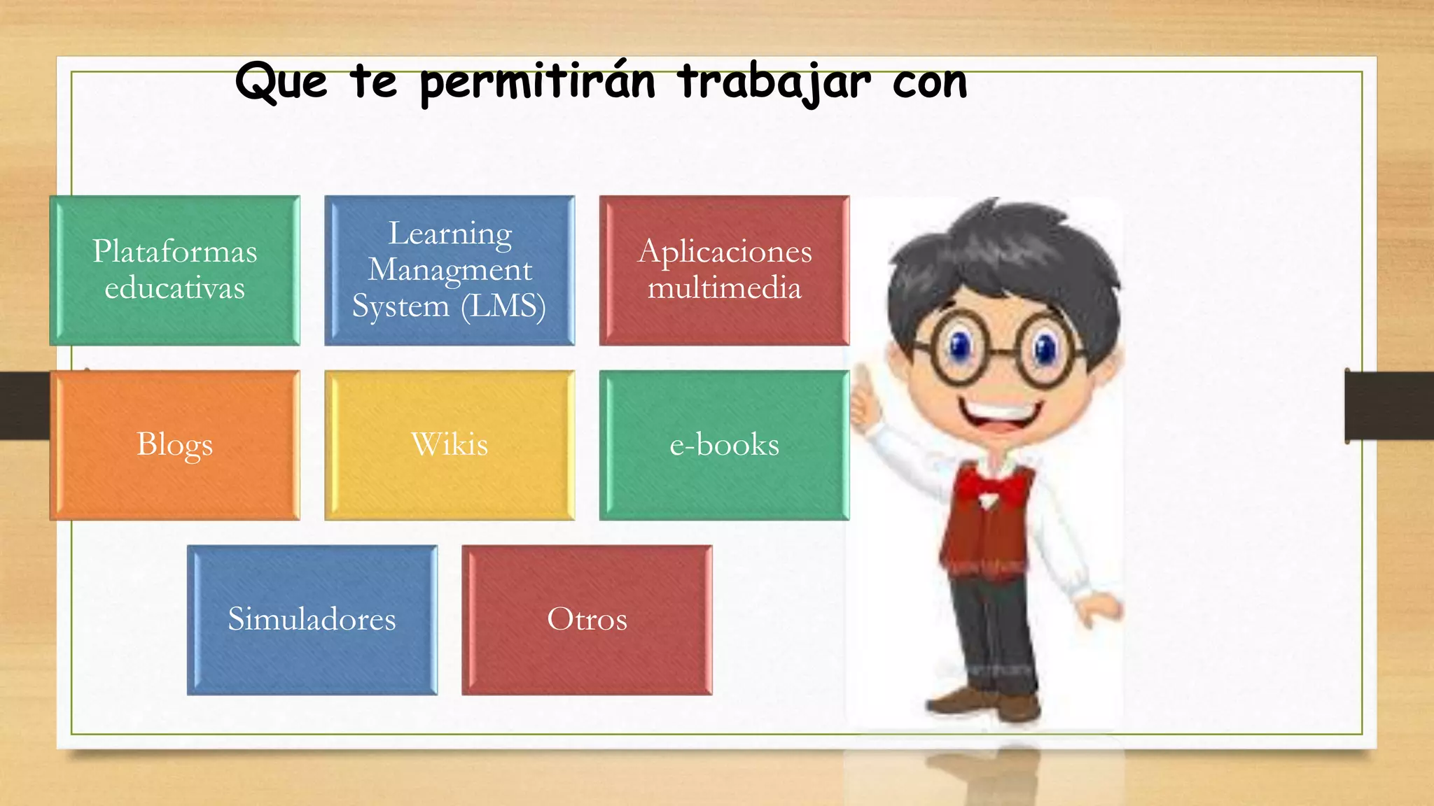 Que te permitirán trabajar con
Plataformas
educativas
Learning
Managment
System (LMS)
Aplicaciones
multimedia
Blogs Wikis e-books
Simuladores Otros