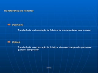 Download Upload Transferência  ou importação de ficheiros de um computador para o nosso. Transferência  ou exportação de ficheiros  do nosso computador para outro qualquer computador. Transferência de ficheiros 