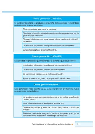 31Tecnologías de la Información y la Comunicación
0791-5691(nóicarenegarecreT )
esodnéicuder,sopiuqesoledoñamatleneecudorpesoirotonsámoibmaclE
.sadidemyosepneetnemaunitnoc
.rotsisnartlaazalpmeerrotsisnartorcimlE
edsoleuqsoñeuqepsámsopiuqesolodneis,oñamatleeyunimsiD
.seroiretnasenoicareneg
nóicazilitualetnaidemanretniodneiseugisairomemaledojenamlE
.soelcúned
.sodnugesorcimneodneidimeugisesosecorpeddadicolevaL
.ovitarepOametsiSedotpecnocleegruS
0891-1791(nóicarenegatrauC )
.esodnéicudereugisoñamatleyodnarojemeugisosecorpeddadicolevaL
.serotsisnartorcimsolanazalpmeersodargetnisotiucricsoL
.sodnugesonanneedimesosecorpeddadicolevaL
.nóicamargorpitlumalnocrajabartaazneimoceS
.levinotlaednóicamargorpedsejaugnelsoveunnecerapA
?-0891(nóicarenegatniuQ )
dnaucecannóicarenegatsE aveunanuricudorpnetemorpnópaJyUU.EEo
.sarodatupmocednóicareneg
ledselaruensedersalaalumeotneimasecorpedarutcetiuqraaL
.onamuhorberec
.)IA(laicifitrAaicnegiletnIaledovisnetxeosuecaH
senoicacibuedsedyopitotnitsidedsederysovitisopsidatcenoC
.satomer
esay,zovysenegámi,sotadednóicargetni,aidemitlumonrotnelE
.saniuqámedopitetseneradnátsenuomocaredisnoc
Tercera generación (1965-1970)
 