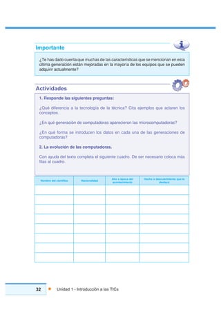 32 Unidad 1 - Introducción a las TICs
¿Te has dado cuenta que muchas de las características que se mencionan en esta
última generación están mejoradas en la mayoría de los equipos que se pueden
adquirir actualmente?
Importante
1. Responde las siguientes preguntas:
¿Qué diferencia a la tecnología de la técnica? Cita ejemplos que aclaren los
conceptos.
¿En qué generación de computadoras aparecieron las microcomputadoras?
¿En qué forma se introducen los datos en cada una de las generaciones de
computadoras?
2. La evolución de las computadoras.
Con ayuda del texto completa el siguiente cuadro. De ser necesario coloca más
filas al cuadro.
Actividades
ocifítneiclederbmoN dadilanoicaN
ledacopéooñA
otneimicetnoca
oleuqotneimirbucsedoohceH
ócatsed
 