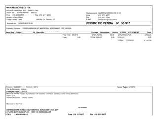 Unitário
PEDIDO DE VENDA NºImpresso em 15/09/2014 07:55:06
Representante:
50.915
Fone:
Fax:
MARUM E GOUVEA LTDA
AVENIDA PARAGUAI, 579 BARCELONA
18025-300 SOROCABA/SP BRASIL
Fone: Fax:(15) 3233-3811 (15) 3211-4283
APARECIDO/ROGERIO
ALZIRA APARECIDA DA SILVA
(15) 3237-9077
(15) 3227-7349
vendas@skapcom.com.brE-Mail:
Endereço Cobrança: AVENIDA PARAGUAI, 579 BARCELONA SOROCABA-SP CEP: 18025-300
Item Neg. Código UN EntregaDescrição Quantidade Total
Código Cliente: 3243
% ICMS % IPI
CNPJ: 60.874.799/0001-77
ICMS-ST
TOTAL PRODUTOS: 2.993,4080,00
0,00TOTAL IPI:
TOTAL PEDIDO: 3.100,00
Peso Total: 255,518
Frete : 0,00 TOTAL ICMS-ST: 0,00
QTDE. TOTAL:
Condição Pagto:
Emissão:
A VISTA
16/08/2011
Observação do Pedido: PEDIDO AUTORIZADO POR ROGERIO / ENTREGA: MAXIMO 10 DIAS APOS LIBERACAO
COEF** 0,26
DISTRIBUIDORA DE PECAS AUTOMOTIVAS SOROCABA LTDA - EPP
AV JOHN BOYD DUNLOP, 825 - 18087-155 - SOROCABA/SP
CNPJ: 11.430.193/0001-37 Fone: (15) 3237-9077 Fax: (15) 3237-9077
Emitente: KELY
TRANSPORTADORA: - NOSSO CARRO
Forma Pagto: A VISTA
Observações na Nota Fiscal:
REF.S/PEDIDO:
Tipo de Movimento: VENDA
 