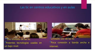 *Limitado uso de las tic.
*Poca conexión a banda ancha e
internet.
*Uso limitado de las tic.
*Potentes tecnologías usadas en
un bajo nivel.
https://https://www.googl
e.com.ar/search?q=imagenes
+de+alumnos+con
https://www.google.com.ar/imgr
es?imgurl=https%3A%2F%2Fs3-
sa-east-
Las tic en centros educativos y en aulas