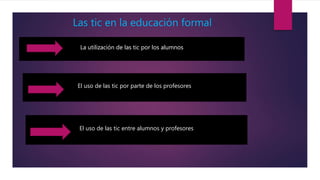 Las tic en la educación formal
La utilización de las tic por los alumnos
El uso de las tic por parte de los profesores
El uso de las tic entre alumnos y profesores
 