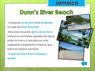 -A praia de rio de Dunn está localizada
no sopé de Dunn River Falls.
-Esta praia faz parte da foz do rio Dunn,
porque as cachoeiras (quedas de água)
estão no mar e é cercado por uma
vegetação exuberante e tropical, que
está num parque nacional.
-A água de Dunn River é límpida e
quente.
 