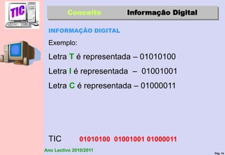 Pág. 14
Ano Lectivo 2010/2011
Conceito Informação Digital
INFORMAÇÃO DIGITAL
Exemplo:
Letra T é representada – 01010100
Letra I é representada – 01001001
Letra C é representada – 01000011
TIC 01010100 01001001 01000011
 