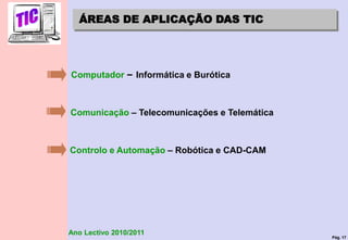 Pág. 17
Ano Lectivo 2010/2011
Computador – Informática e Burótica
Comunicação – Telecomunicações e Telemática
Controlo e Automação – Robótica e CAD-CAM
ÁREAS DE APLICAÇÃO DAS TIC
 