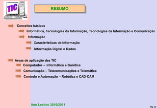 Pág. 32
Ano Lectivo 2010/2011
Áreas de aplicação das TIC
Computador – Informática e Burótica
Comunicação – Telecomunicações e Telemática
Controlo e Automação – Robótica e CAD-CAM
RESUMO
Conceitos básicos
Informação
Informática, Tecnologias da Informação, Tecnologias da Informação e Comunicação
Características da Informação
Informação Digital e Dados
 