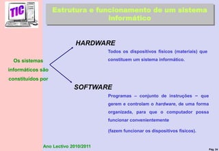 Pág. 34
Ano Lectivo 2010/2011
Estrutura e funcionamento de um sistema
informático
Todos os dispositivos físicos (materiais) que
constituem um sistema informático.
Programas – conjunto de instruções – que
gerem e controlam o hardware, de uma forma
organizada, para que o computador possa
funcionar convenientemente
(fazem funcionar os dispositivos físicos).
Os sistemas
informáticos são
constituídos por
HARDWARE
SOFTWARE
 
