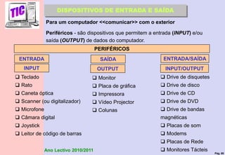 Pág. 69
Ano Lectivo 2010/2011
Para um computador <<comunicar>> com o exterior
Periféricos - são dispositivos que permitem a entrada (INPUT) e/ou
saída (OUTPUT) de dados do computador.
INPUT OUTPUT INPUT/OUTPUT
 Teclado
 Rato
 Caneta óptica
 Scanner (ou digitalizador)
 Microfone
 Câmara digital
 Joystick
 Leitor de código de barras
 Monitor
 Placa de gráfica
 Impressora
 Vídeo Projector
 Colunas
 Drive de disquetes
 Drive de disco
 Drive de CD
 Drive de DVD
 Drive de bandas
magnéticas
 Placas de som
 Modems
 Placas de Rede
 Monitores Tácteis
DISPOSITIVOS DE ENTRADA E SAÍDA
PERIFÉRICOS
ENTRADA SAÍDA ENTRADA/SAÍDA
 