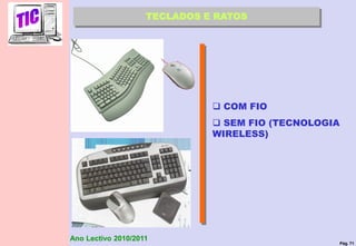 Pág. 71
Ano Lectivo 2010/2011
TECLADOS E RATOS
 COM FIO
 SEM FIO (TECNOLOGIA
WIRELESS)
 