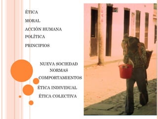 ÉTICA  MORAL  ACCIÓN HUMANA  POLÍTICA PRINCIPIOS  NUEVA SOCIEDAD COMPORTAMIENTOS NORMAS ÉTICA INDIVIDUAL ÉTICA COLECTIVA 