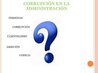 CORRUPCIÓN EN LA ADMINISTRACIÓN PERSONAS CORRUPCIÓN CLIENTELISMO  AMBICIÓN CODICIA 