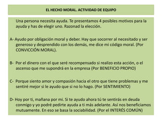 EL HECHO MORAL. ACTIVIDAD DE EQUIPO

Una persona necesita ayuda. Te presentamos 4 posibles motivos para la
ayuda y has de elegir uno. Razonad la elección.
A- Ayudo por obligación moral y deber. Hay que socorrer al necesitado y ser
generoso y desprendido con los demás, me dice mi código moral. (Por
CONVICCIÓN MORAL).
B- Por el dinero con el que seré recompensado si realizo esta acción, o el
ascenso que me supondrá en la empresa (Por BENEFICIO PROPIO)

C- Porque siento amor y compasión hacia el otro que tiene problemas y me
sentiré mejor si le ayudo que si no lo hago. (Por SENTIMIENTO)
D- Hoy por ti, mañana por mi. Si te ayudo ahora tú te sentirás en deuda
conmigo y yo podré pedirte ayuda a ti más adelante. Así nos beneficiamos
mutuamente. En eso se basa la sociabilidad. (Por el INTERÉS COMÚN)

 