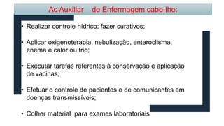 • Realizar controle hídrico; fazer curativos;
• Aplicar oxigenoterapia, nebulização, enteroclisma,
enema e calor ou frio;
• Executar tarefas referentes à conservação e aplicação
de vacinas;
• Efetuar o controle de pacientes e de comunicantes em
doenças transmissíveis;
• Colher material para exames laboratoriais
Ao Auxiliar de Enfermagem cabe-lhe:
 