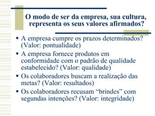 O modo de ser da empresa, sua cultura,  representa os seus valores afirmados? A empresa cumpre os prazos determinados? (Valor: pontualidade) A empresa fornece produtos em conformidade com o padrão de qualidade estabelecido? (Valor: qualidade) Os colaboradores buscam a realização das metas? (Valor: resultados) Os colaboradores recusam “brindes” com segundas intenções? (Valor: integridade) 