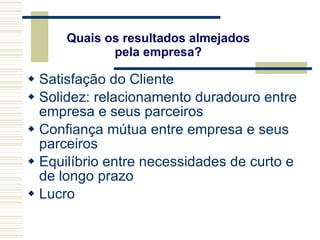 Satisfação do Cliente Solidez: relacionamento duradouro entre empresa e seus parceiros Confiança mútua entre empresa e seus parceiros Equilíbrio entre necessidades de curto e de longo prazo Lucro Quais os resultados almejados  pela empresa?  
