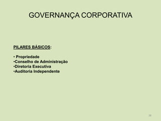 GOVERNANÇA CORPORATIVA



PILARES BÁSICOS:

• Propriedade
•Conselho de Administração
•Diretoria Executiva
•Auditoria Independente




                                28
 