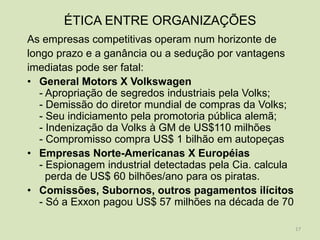 ÉTICA ENTRE ORGANIZAÇÕES
As empresas competitivas operam num horizonte de
longo prazo e a ganância ou a sedução por vantagens
imediatas pode ser fatal:
• General Motors X Volkswagen
   - Apropriação de segredos industriais pela Volks;
   - Demissão do diretor mundial de compras da Volks;
   - Seu indiciamento pela promotoria pública alemã;
   - Indenização da Volks à GM de US$110 milhões
   - Compromisso compra US$ 1 bilhão em autopeças
• Empresas Norte-Americanas X Européias
   - Espionagem industrial detectadas pela Cia. calcula
     perda de US$ 60 bilhões/ano para os piratas.
• Comissões, Subornos, outros pagamentos ilícitos
   - Só a Exxon pagou US$ 57 milhões na década de 70

                                                          17
 