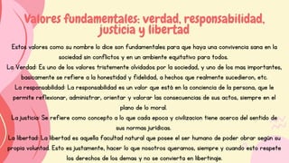 Valores fundamentales: verdad, responsabilidad,
justicia y libertad
Estos valores como su nombre lo dice son fundamentales para que haya una convivencia sana en la
sociedad sin conflictos y en un ambiente equitativo para todos.
La Verdad: Es uno de los valores tristemente olvidados por la sociedad, y uno de los mas importantes,
basicamente se refiere a la honestidad y fidelidad, a hechos que realmente sucedieron, etc.
La responsabilidad: La responsabilidad es un valor que está en la conciencia de la persona, que le
permite reflexionar, administrar, orientar y valorar las consecuencias de sus actos, siempre en el
plano de lo moral.
La justicia: Se refiere como concepto a lo que cada epoca y civilizacion tiene acerca del sentido de
sus normas jurídicas.
La libertad: La libertad es aquella facultad natural que posee el ser humano de poder obrar según su
propia voluntad. Esto es justamente, hacer lo que nosotros queramos, siempre y cuando esto respete
los derechos de los demas y no se convierta en libertinaje.
 