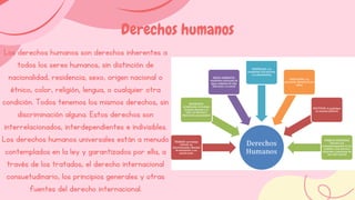 Los derechos humanos son derechos inherentes a
todos los seres humanos, sin distinción de
nacionalidad, residencia, sexo, origen nacional o
étnico, color, religión, lengua, o cualquier otra
condición. Todos tenemos los mismos derechos, sin
discriminación alguna. Estos derechos son
interrelacionados, interdependientes e indivisibles.
Los derechos humanos universales están a menudo
contemplados en la ley y garantizados por ella, a
través de los tratados, el derecho internacional
consuetudinario, los principios generales y otras
fuentes del derecho internacional.
Derechos humanos
 