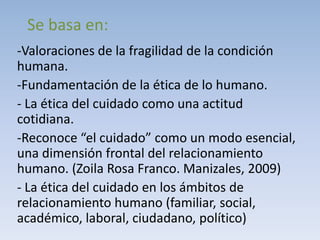 Se basa en:
-Valoraciones de la fragilidad de la condición
humana.
-Fundamentación de la ética de lo humano.
- La ética del cuidado como una actitud
cotidiana.
-Reconoce “el cuidado” como un modo esencial,
una dimensión frontal del relacionamiento
humano. (Zoila Rosa Franco. Manizales, 2009)
- La ética del cuidado en los ámbitos de
relacionamiento humano (familiar, social,
académico, laboral, ciudadano, político)
 