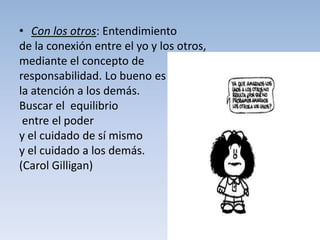 • Con los otros: Entendimiento
de la conexión entre el yo y los otros,
mediante el concepto de
responsabilidad. Lo bueno es
la atención a los demás.
Buscar el equilibrio
 entre el poder
y el cuidado de sí mismo
y el cuidado a los demás.
(Carol Gilligan)


                                          .
 