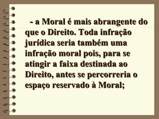 - a Moral é mais abrangente do- a Moral é mais abrangente do
que o Direito. Toda infraçãoque o Direito. Toda infração
jurídica seria também umajurídica seria também uma
infração moral pois, para seinfração moral pois, para se
atingir a faixa destinada aoatingir a faixa destinada ao
Direito, antes se percorreria oDireito, antes se percorreria o
espaço reservado à Moral;espaço reservado à Moral;
 