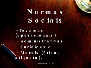 Normas Sociais -  Técnicas (operacionais)   - Administrativas - Jurídicas e - Morais (ética, etiqueta).  Miranda-Sá, L.S. Jr. 