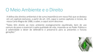 O Meio Ambiente e o Direito 
A defesa dos direitos ambientais é de suma importância em nosso País que se destaca 
em um capítulo exclusivo, a partir do art. 225, caput e outros capítulos e incisos, da 
nossa Carta Magna de 1988, a saber, o caput assim descreve: 
“Todos têm direito ao meio ambiente ecologicamente equilibrado, bem de uso 
comum do povo e essencial à sadia qualidade de vida, impondo-se ao Poder Público e 
à coletividade o dever de defendê-lo e preservá-lo para as presentes e futuras 
gerações.” 
 