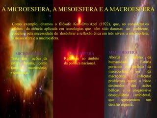 A MICROESFERA, A MESOESFERA E A MACROESFERA

  Como exemplo, citamos o filósofo Karl-Otto Apel (1922), que, ao considerar os
  efeitos da ciência aplicada em tecnologias que têm sido danosas ao ambiente,
  concluiu pela necessidade de desdobrar a reflexão ética em três níveis: a microesfera,
  a mesoesfera e a macroesfera.


     MICROESFERA                     MESAESFERA               MACROESFERA
  Trata das ações da              Refere-se ao âmbito         Aborda o destino da
  esfera íntima, como             da política nacional.       humanidade.          Estaria
  família, matrimônio,                                        portanto no âmbito da
  vizinhança.                                                 macroesfera,      ou     da
                                                              macroética,       enfrentar
                                                              problemas como o risco
                                                              destruidor    das     ações
                                                              bélicas e o progressivo
                                                              desequilíbrio ambiental,
                                                              que     representam     um
                                                              desafio urgente.
 