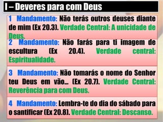 I – Deveres para com Deus1° Mandamento: Não terás outros deuses diante de mim (Ex 20.3). Verdade Central: A unicidade de Deus.2° Mandamento: Não farás para ti imagem de escultura (Ex 20.4). Verdade central: Espiritualidade.3° Mandamento: Não tomarás o nome do Senhor teu Deus em vão... (Ex 20.7). Verdade Central: Reverência para com Deus.4° Mandamento: Lembra-te do dia do sábado para o santificar (Ex 20.8). Verdade Central: Descanso.