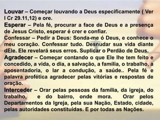 Louvar – Começar louvando a Deus especificamente ( Ver I Cr 29.11,12) e ore.Esperar – Pela fé, procurar a face de Deus e a presença de Jesus Cristo, esperar é crer e confiar.Confessar – Pedir a Deus: Sonda-me ó Deus, e conhece o meu coração. Confessar tudo. Desnudar sua vida diante dEle. Ele revelará seus erros. Suplicar o Perdão de Deus.Agradecer – Começar contando o que Ele lhe tem feito e concedido, a vida, o dia, a salvação, a família, o trabalho, a aposentadoria, o lar a condução, a saúde.. Pela fé e palavra profética agradecer pelas vitórias e respostas de oração.Interceder – Orar pelas pessoas da família, da igreja, do trabalho,  e do bairro, onde mora.  Orar pelos Departamentos da Igreja, pela sua Nação, Estado, cidade, pelas autoridades constituídas. E por todas as Nações.