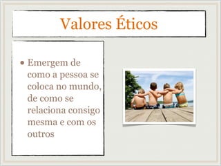 Valores Éticos
• Emergem de
como a pessoa se
coloca no mundo,
de como se
relaciona consigo
mesma e com os
outros
 