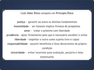 Cada Valor Ético compete um Princípio Ético
justiça - garantir ao outro os direitos fundamentais
honestidade - ser honesto implica firmeza de propósitos
amor - tratar o próximo com liberdade
prudência - optar firmemente pelo que é necessário escolher e evitar
liberdade - respeitar o outro como sujeito livre e capaz
responsabilidade - assumir benefícios e ônus decorrentes da própria
condição
sinceridade - evitar incorreta auto-avaliação, perjúrio e falso
testemunho
 